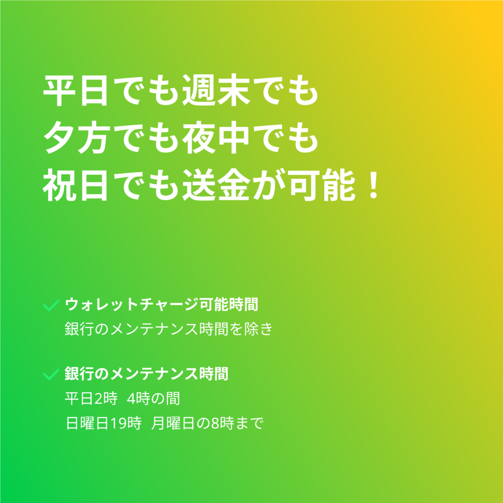CoinShot Japan 強み① 24時間送金 - 海外送金